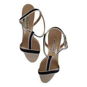 Manolo Blahnik Navy and Cream Strappy Sandal Heels
